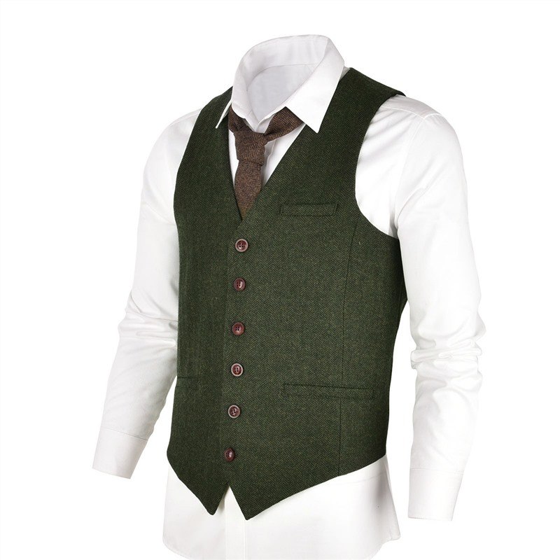 Wool Tweed Men Waistcoat Single-breasted Vests - Lalbug.com