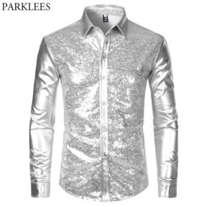 Silver Metallic Sequins Glitter Shirt